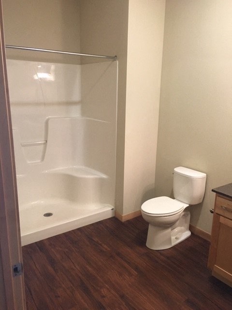 a bathroom with a toilet and a shower
