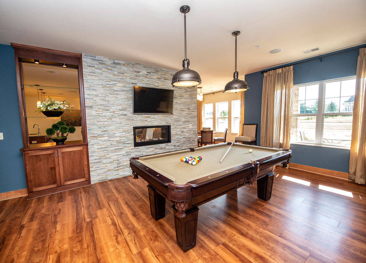 a pool table in a living room with a fireplace and a tv