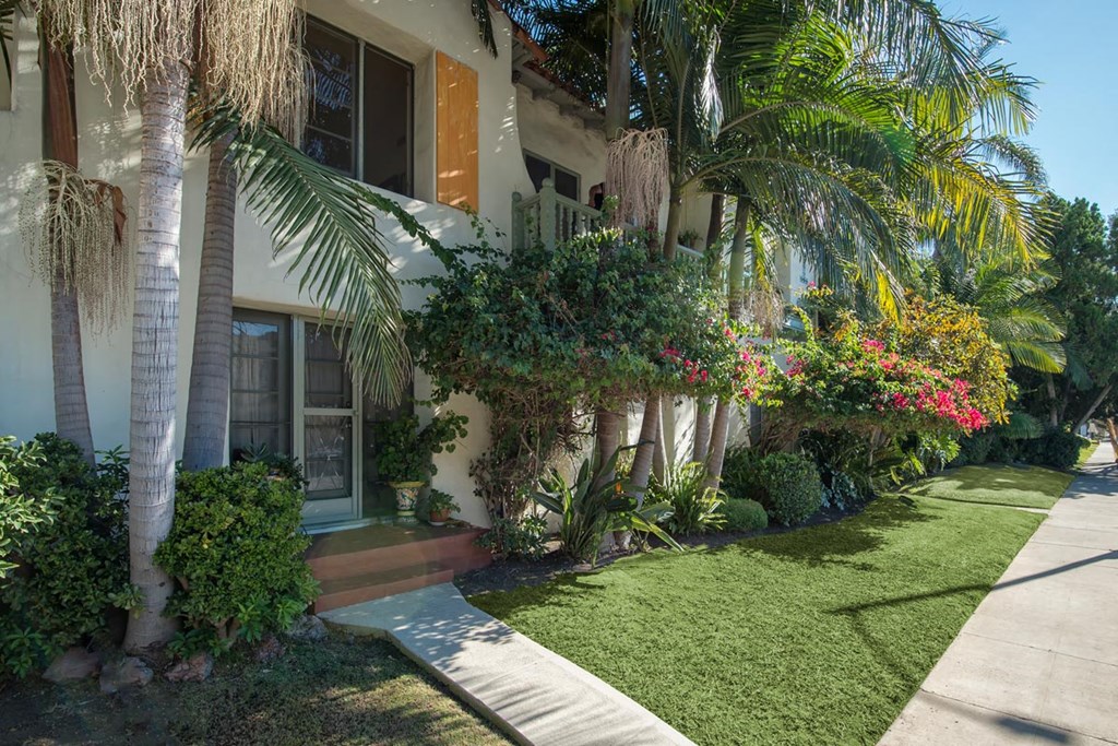 a house with palm trees and a sidewalk in front of it