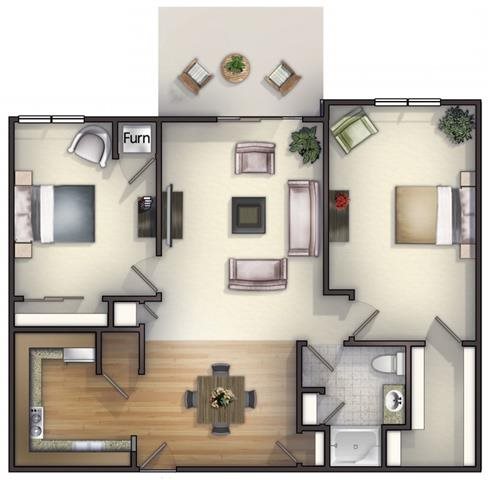 2 Bedroom, 1 Bath Floorplan 2 Bedroom, 1 Bath Floorplan at Highlands at Riverwalk Apartments 55+
