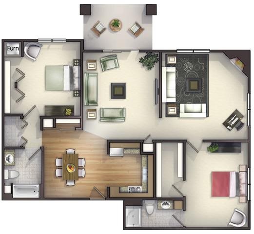 2 Bedroom, 2 Bath with Greatroom and Fireplace Floorplan 2 Bedroom, 2 Bath with Greatroom and Fireplace Floorplan at Highlands at Riverwalk Apartments 55+
