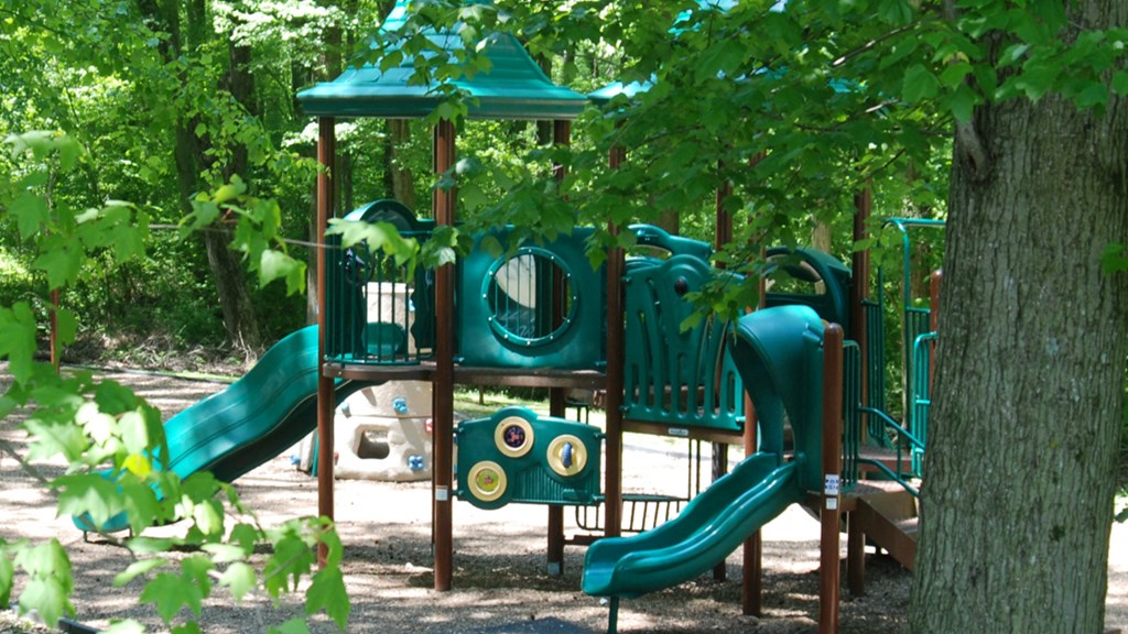 a playground with a swing set and a tree