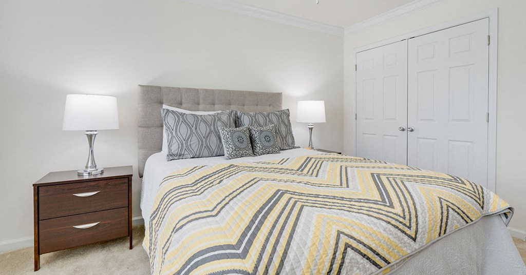 a bedroom with a bed and a closet