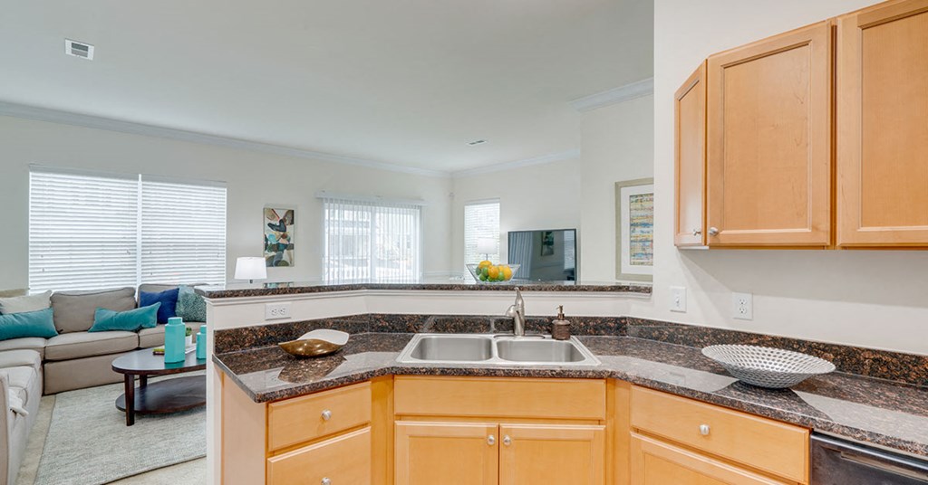 a kitchen with granite counter tops and a sink