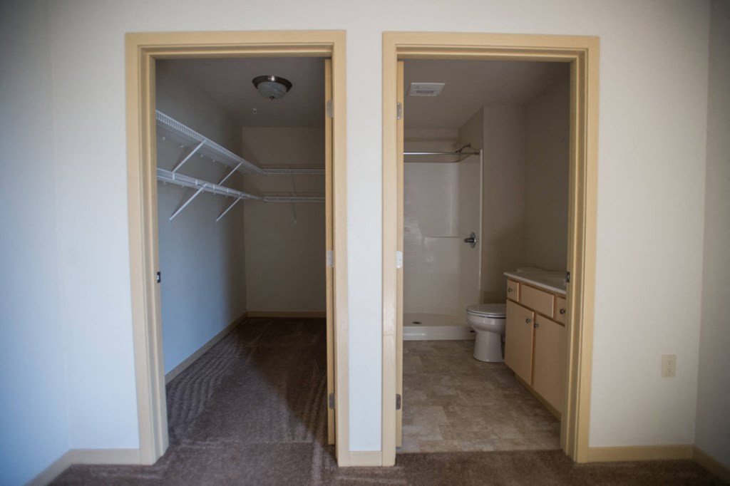 a bathroom with a closet and a toilet in it