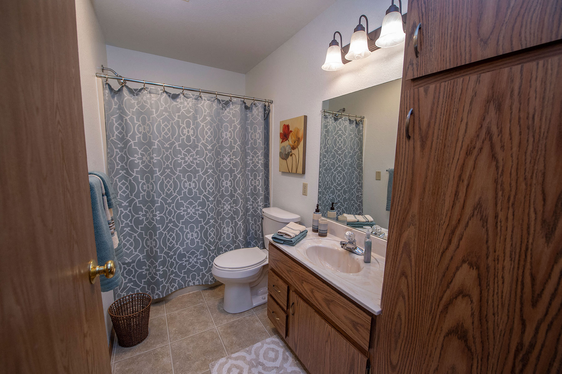 a bathroom with a shower toilet and sink