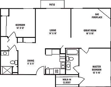 2 Bedroom, 2 Bath with Greatroom and Fireplace Floorplan 2 Bedroom, 2 Bath with Greatroom and Fireplace Floorplan at Brookfield Highlands Apartments 55+