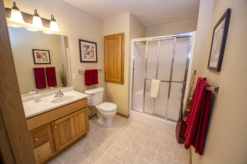 a bathroom with a shower toilet and sink