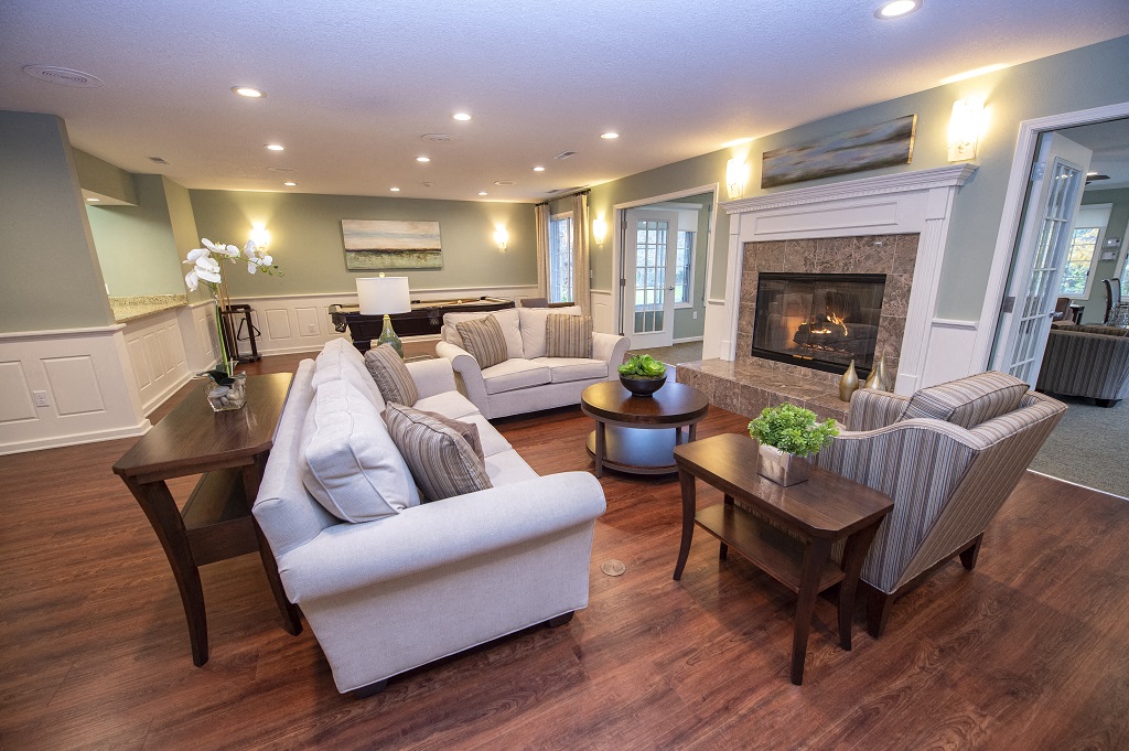 a living room with couches and chairs and a fireplace