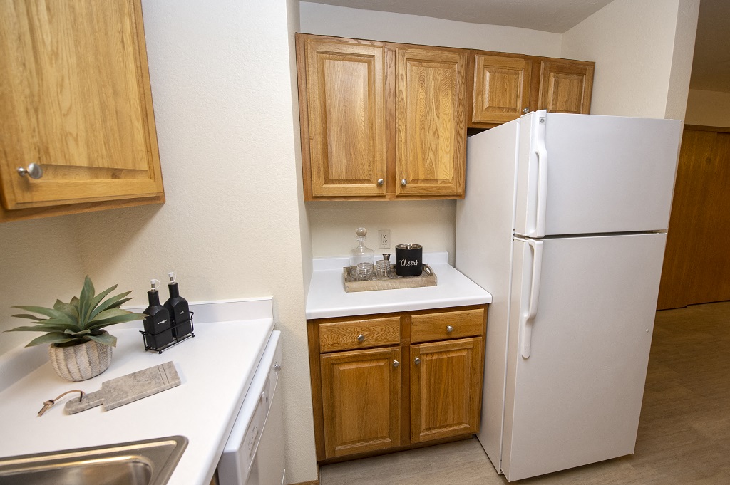a kitchen with a refrigerator and a counter with a plant
