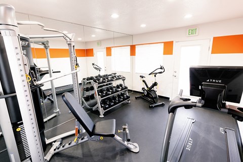 a gym with cardio equipment and weights on the floor