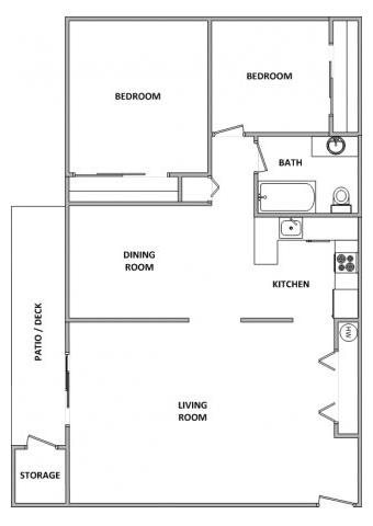 Chalet Village Apartments 2x1 Floor Plan 945 Square Feet