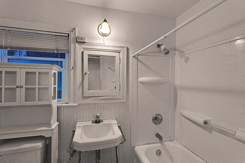 a bathroom with a sink and a shower