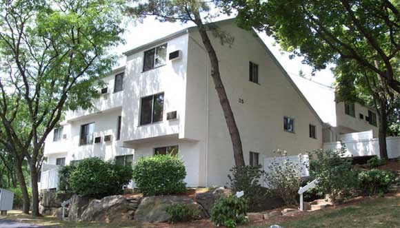 a white building with a tree in front of it