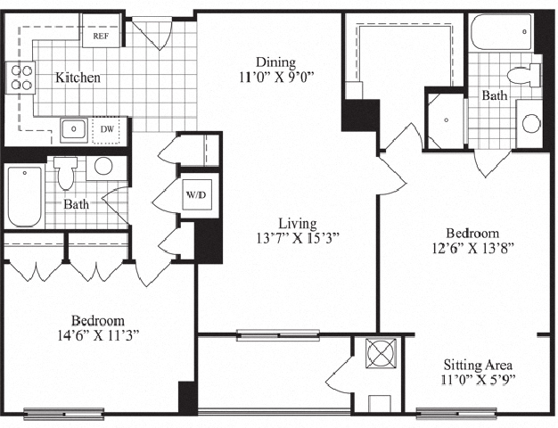 2 bed 2 bath floorplan for The Drayton, at Wentworth House,North Bethesda, Maryland
