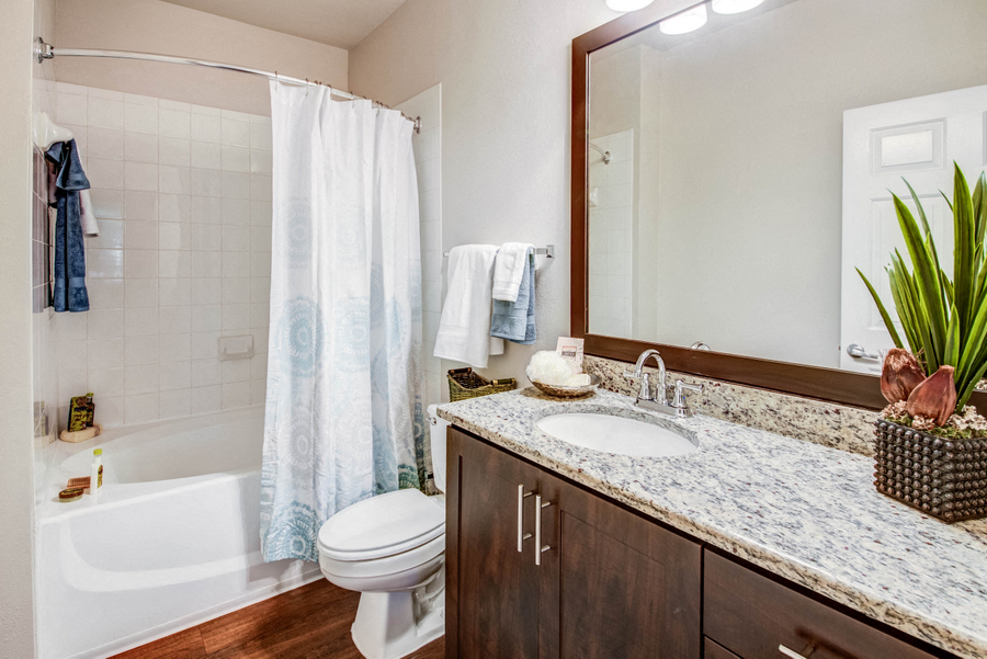 Bathroom  with deep soaking tub and granite countertops