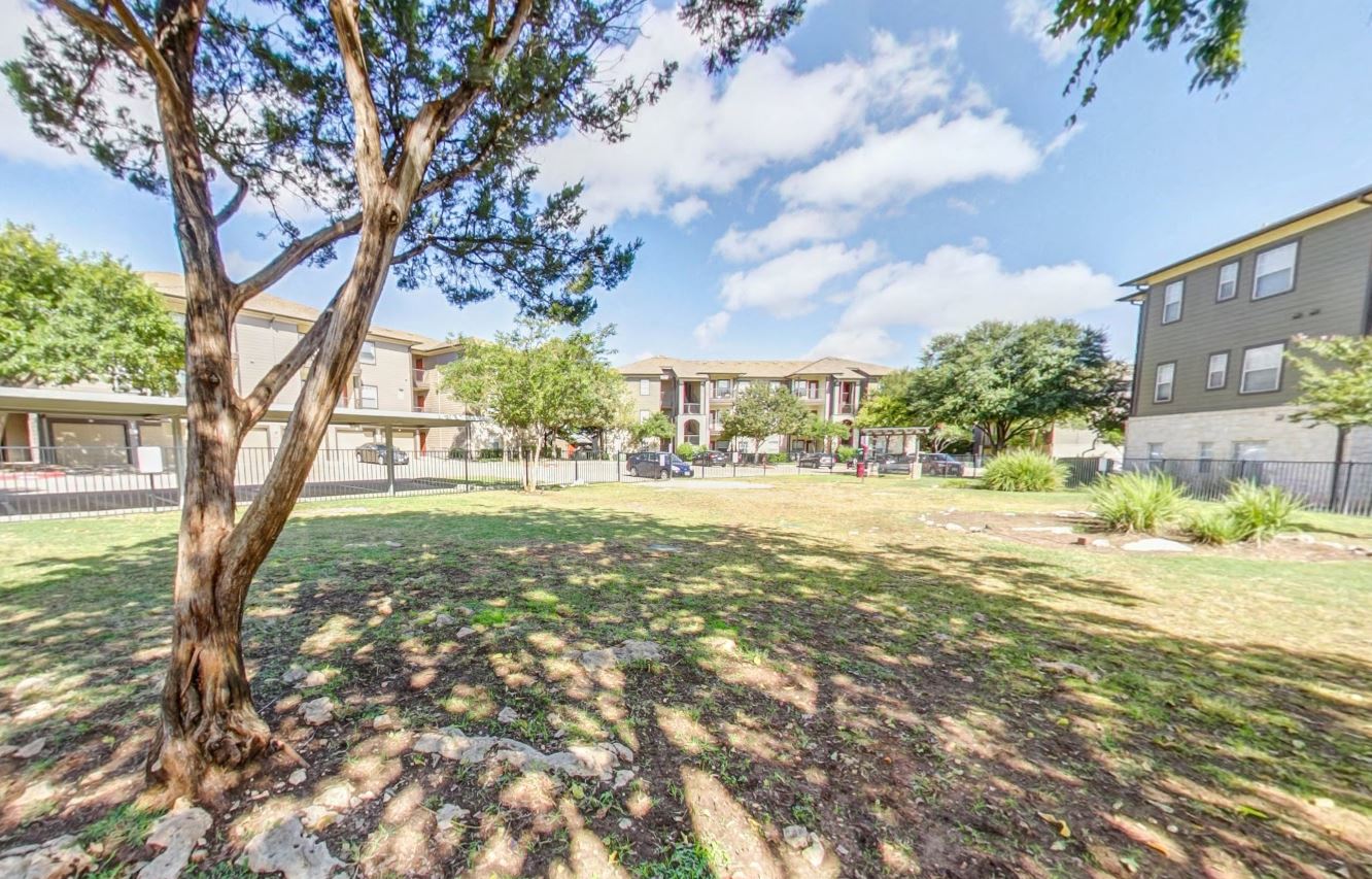 Fenced in dog park with large green space and shade trees