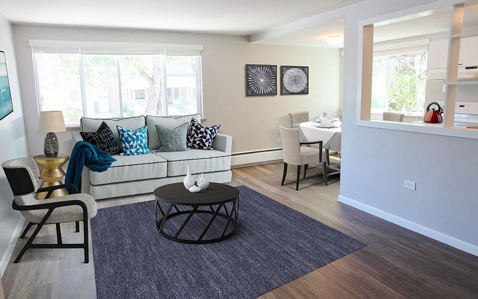 a living room with a couch and a table