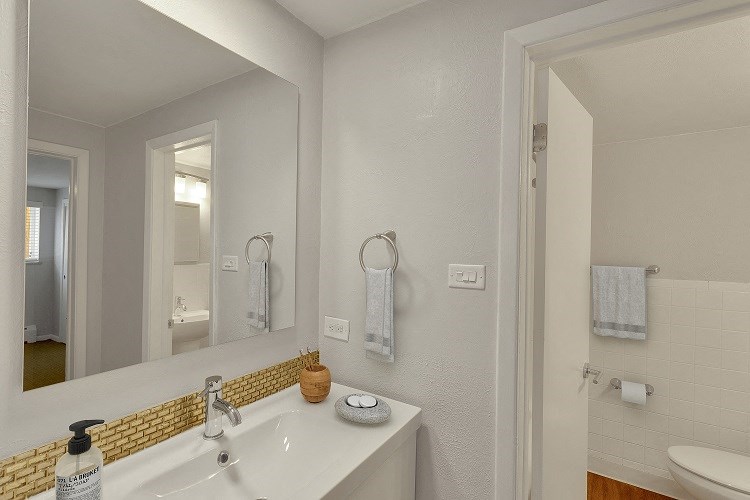 a bathroom with a sink and a mirror