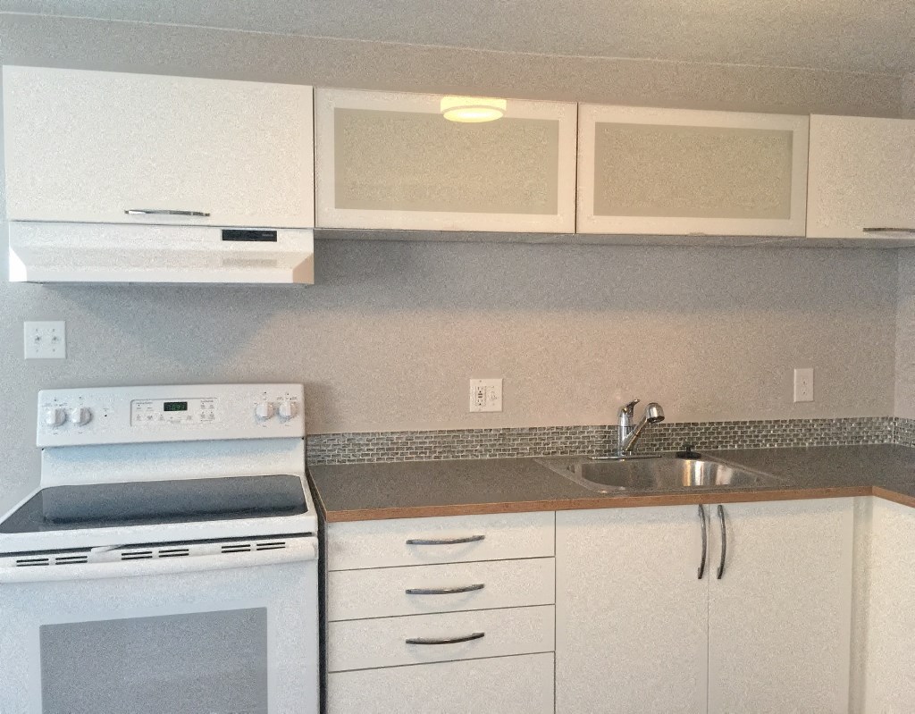 an empty kitchen with a stove and a sink