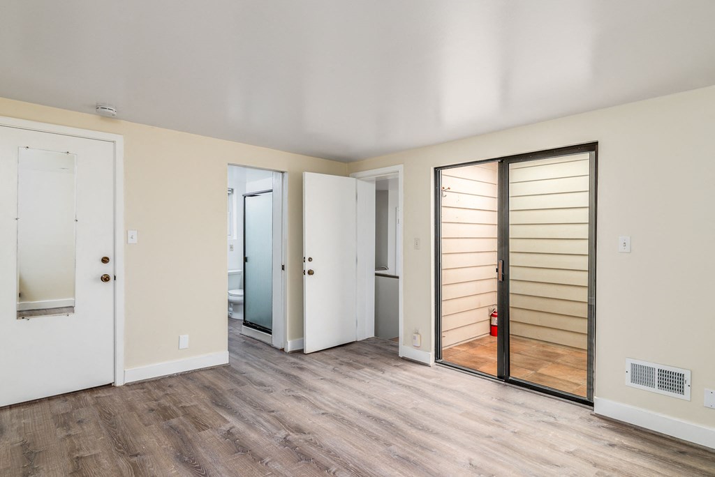 a renovated living room with a sliding glass door to a closet