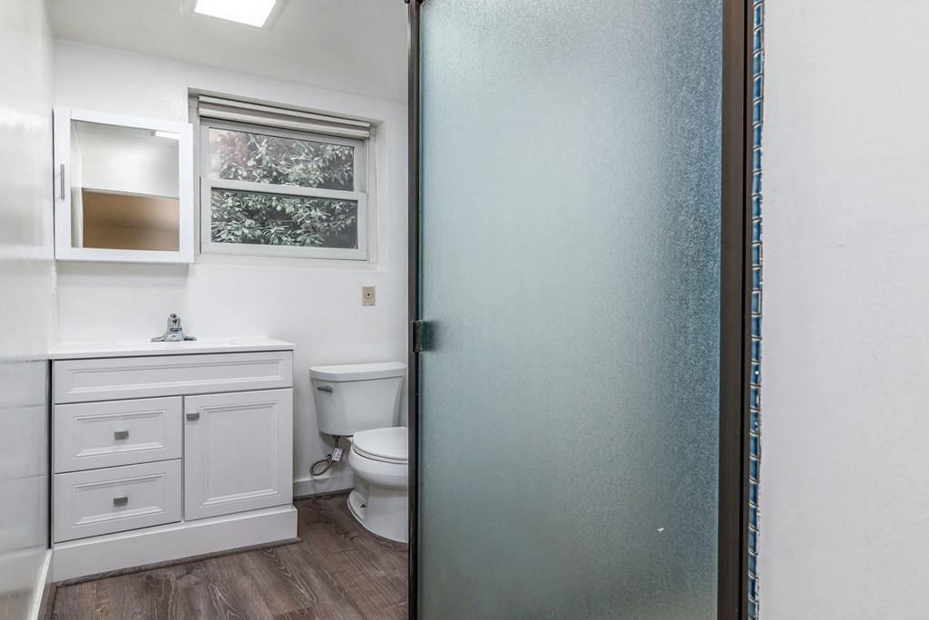 a bathroom with a shower and a sink and a toilet