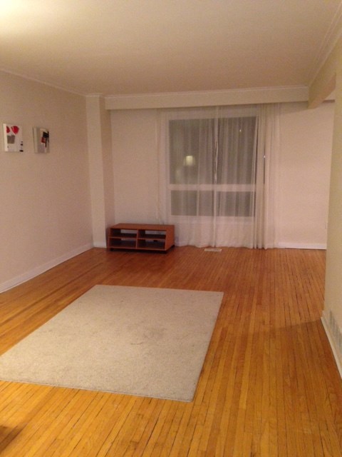 A room with a white rug and wooden floors.