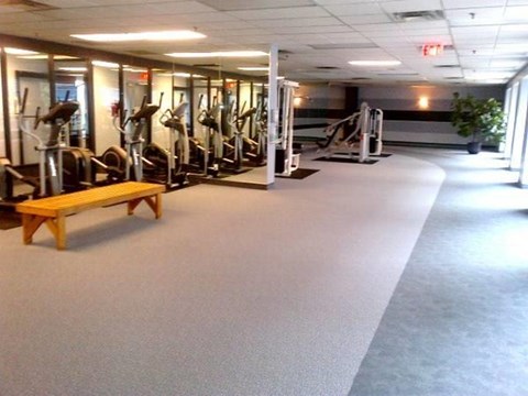 A gym with a variety of equipment including treadmills, weights, and a bench.