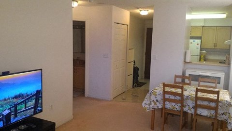 A living room with a television and a dining area.