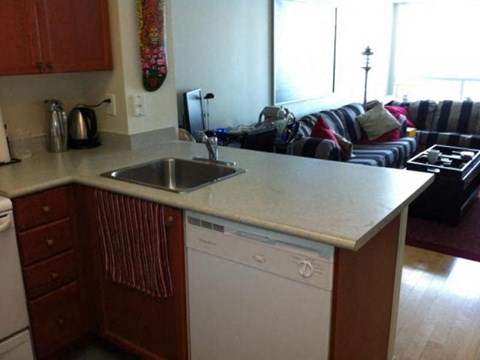 A kitchen with a white dishwasher and a sink.