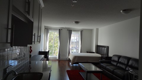 A black leather couch sits in a living room with a red carpet.
