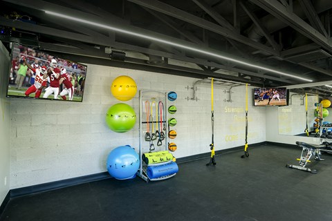 a workout room in a gym with weights and balls