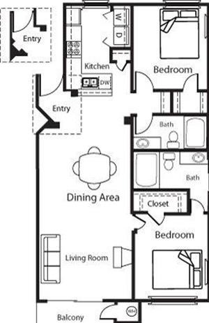 Andalusian 2 Bedroom 2 Bath Floorplan Andalusian - 2 Bedroom 2 Bath Floor Plan Layout - 1114 Square Feet