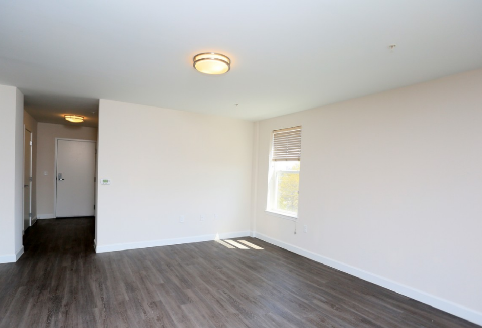 a living room with white walls and wood flooring and a window