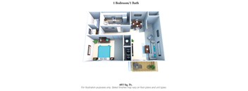 1 bed 1 bathroom floor plan A at Oakwood Apartments, Florence