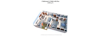 1 Bedroom With Den Floor Plan at Four Worlds Apartments, Ohio, 45231