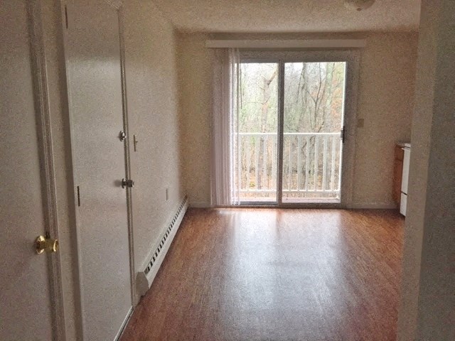 a living room with a wood floor and a window