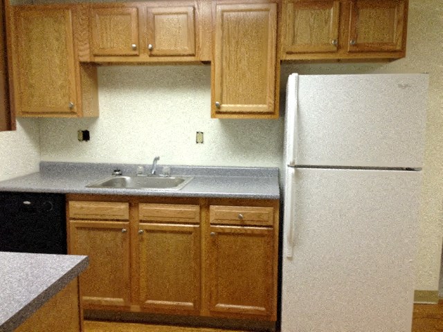 a kitchen with a sink and a refrigerator