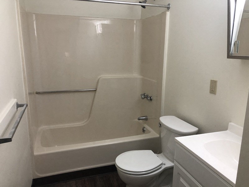 a bathroom with a toilet and a tub and a sink