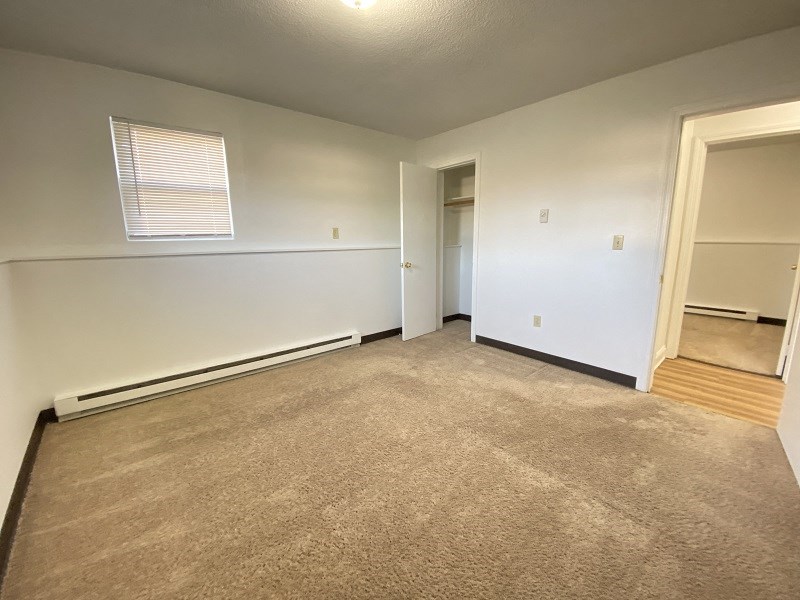 an empty living room with carpet and a door to a closet