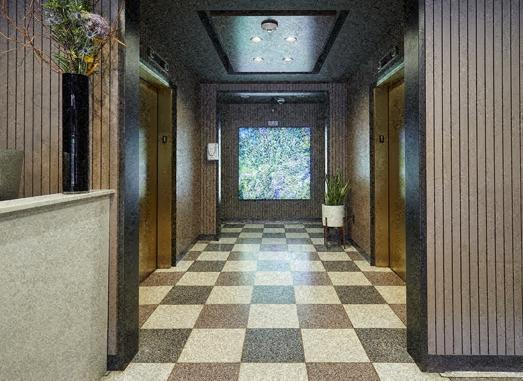 a hallway with rows of elevators and a checkered floor