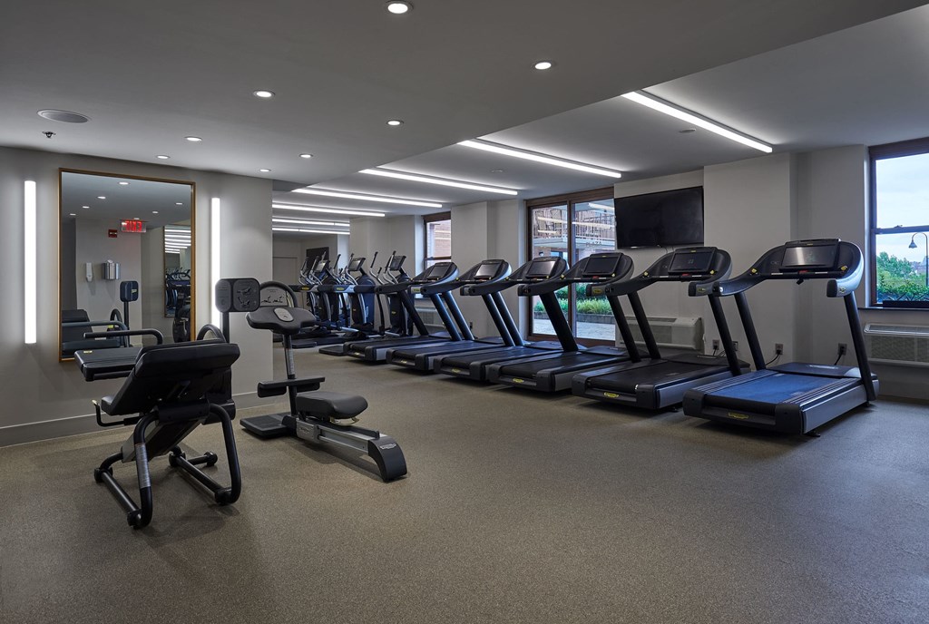 a gym with rows of exercise equipment in a large room