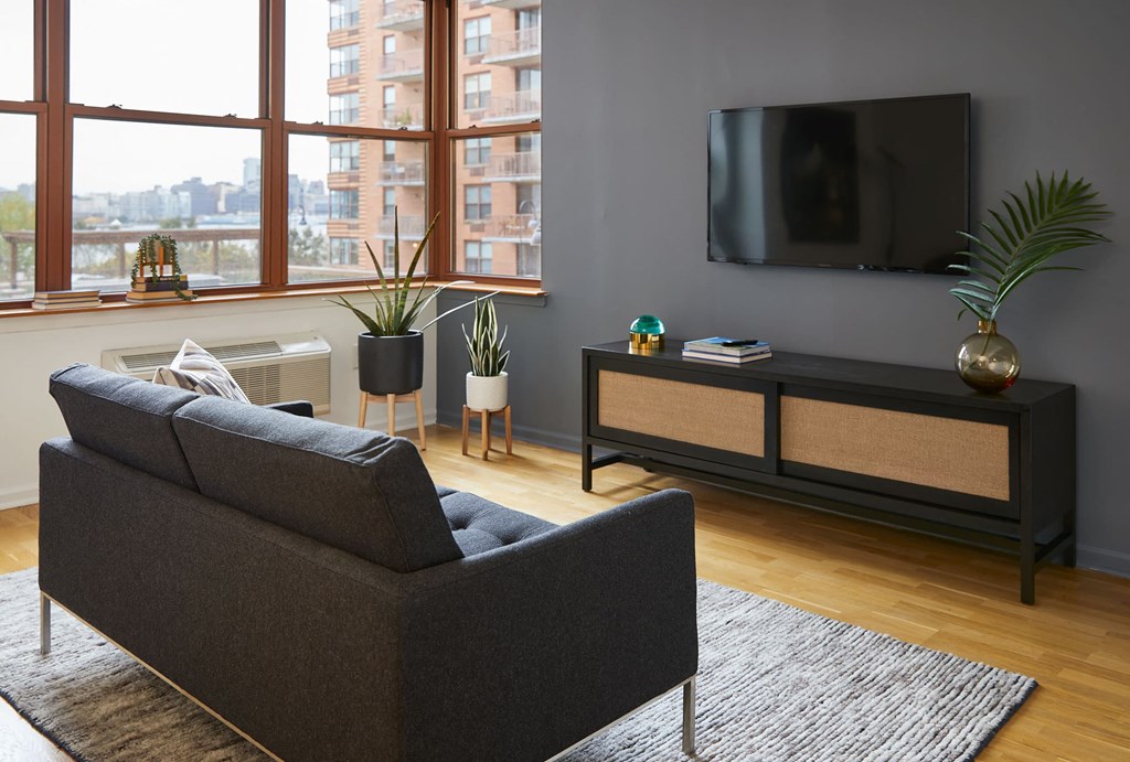a living room with a couch and a television   and a window