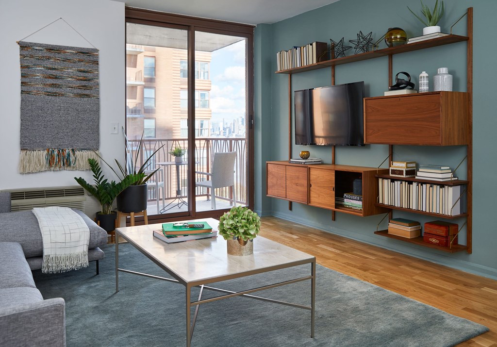 a living room with a couch and a coffee table