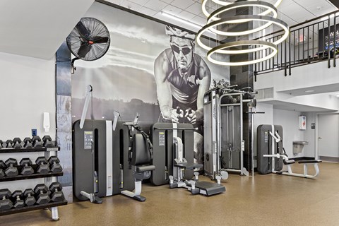 a wall mural of a man working out with weights in a gym