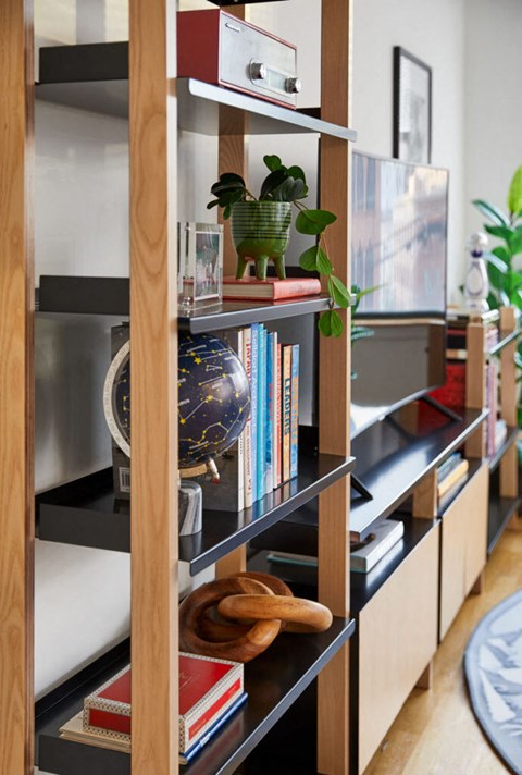 a bookshelf in a living room filled with books and plants