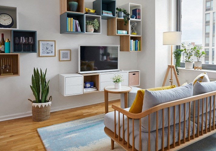 a living room with a couch and a television