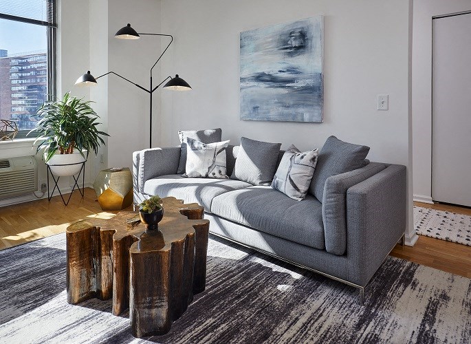 a living room with a couch and a coffee table