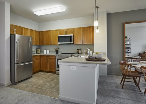 a kitchen with stainless steel appliances and wooden cabinets