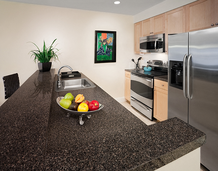 a kitchen with stainless steel appliances and granite counter tops